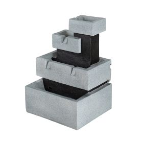 13.6x15.7x22.4" Decorative 4 Tier Gray and Black Block Fountain with Light, for Indoor and Outdoor