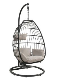 Oldi Patio Hanging Chair with Stand; Beige Fabric & Black Wicker