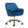 360° Dark Blue Velvet Swivel Chair With High Back, Adjustable Working Chair With Golden Color Base