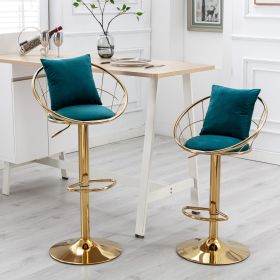 Peacock blue velvet bar chair, pure gold plated, unique design,360 degree rotation, adjustable height,Suitable for dinning room and bar,set of 2