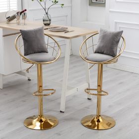 Grey velvet bar chair, pure gold plated, unique design,360 degree rotation, adjustable height,Suitable for dinning room and bar,set of 2