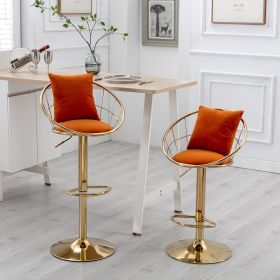 Orange velvet bar chair, pure gold plated, unique design,360 degree rotation, adjustable height,Suitable for dinning room and bar,set of 2