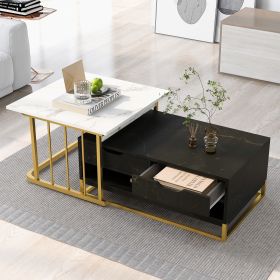 U-Can Modern Marble Nesting Golden Coffee Table Set of 2, Metal Frame, with Drawers & Shelves Storage for Living Room