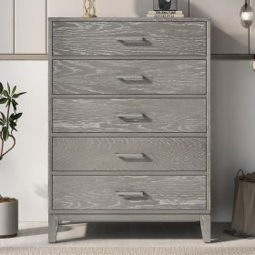 Modern Concise Style Grey Wood Grain Five-Drawer Chest with Tapered Legs and Smooth Gliding Drawers