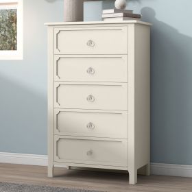 Milky White Rubber Wooden Chest Five Large Drawers Silver Metal Handles for Living Room Guest Room Bedroom
